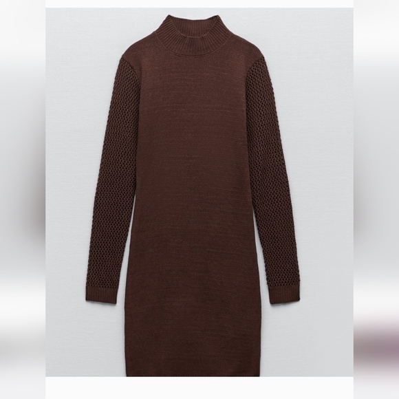ZARA Open-Knit Long Sleeve Mini Dress | Chocolate Brown. Size Small NWT - Picture 6 of 16